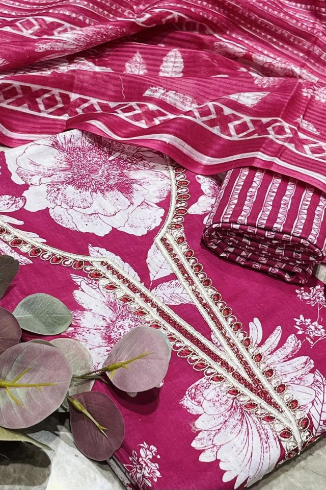 Pink Floral Printed Cotton Kurti Pant Set (VCDM0303-PINK)