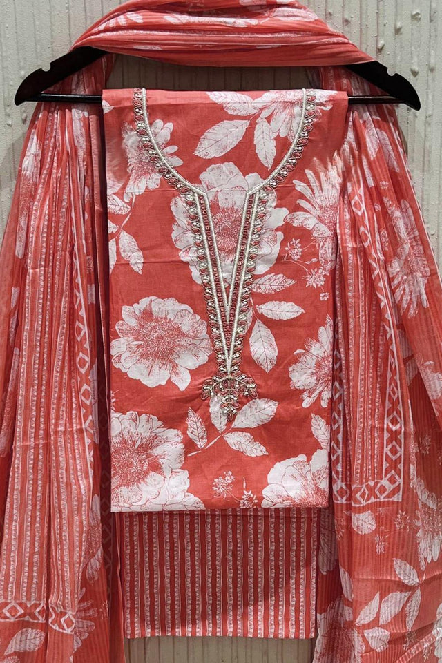 Orange Floral Printed Cotton Kurti Pant Set (VCDM0305-ORNG)