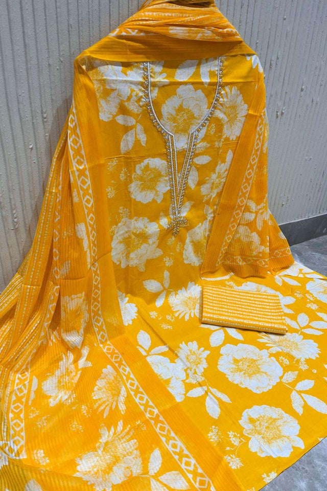 Yellow Floral Printed Cotton Kurti Pant Set (VCDM0306-YLOW)