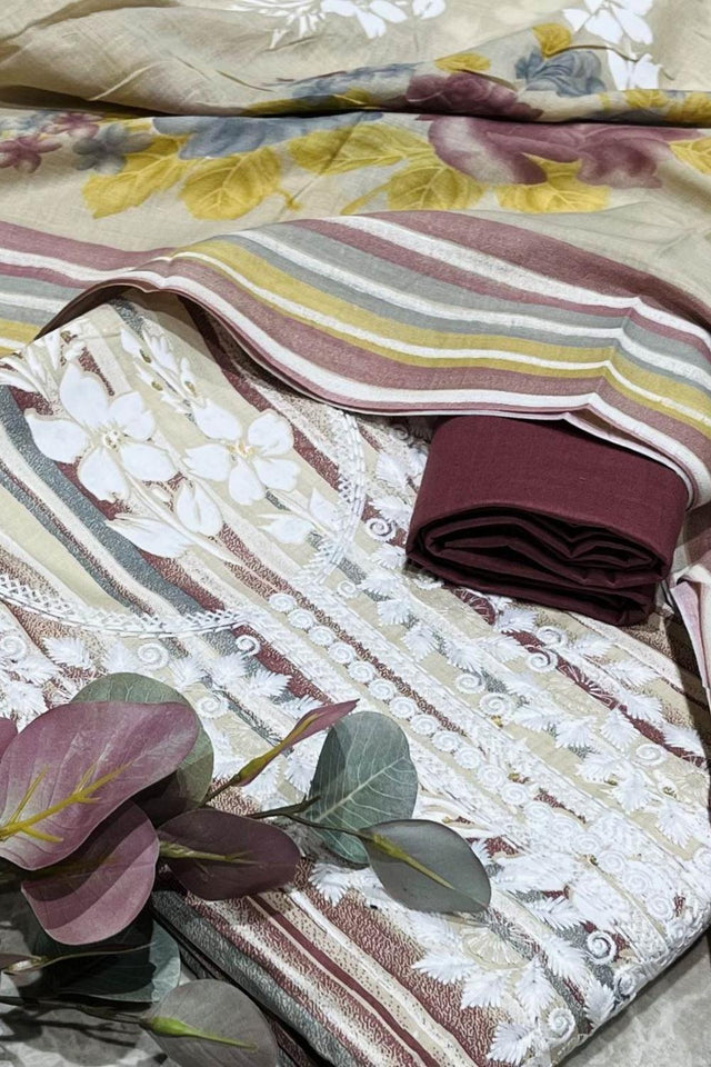 Mauve Floral Embroidered Cotton Kurti Pant Set (VCDM0307-MAUV)