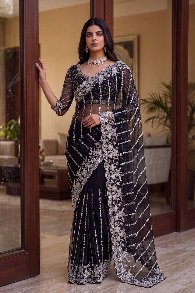 Black Heavy Embroidered Net Saree (VD-ON5191-Black)