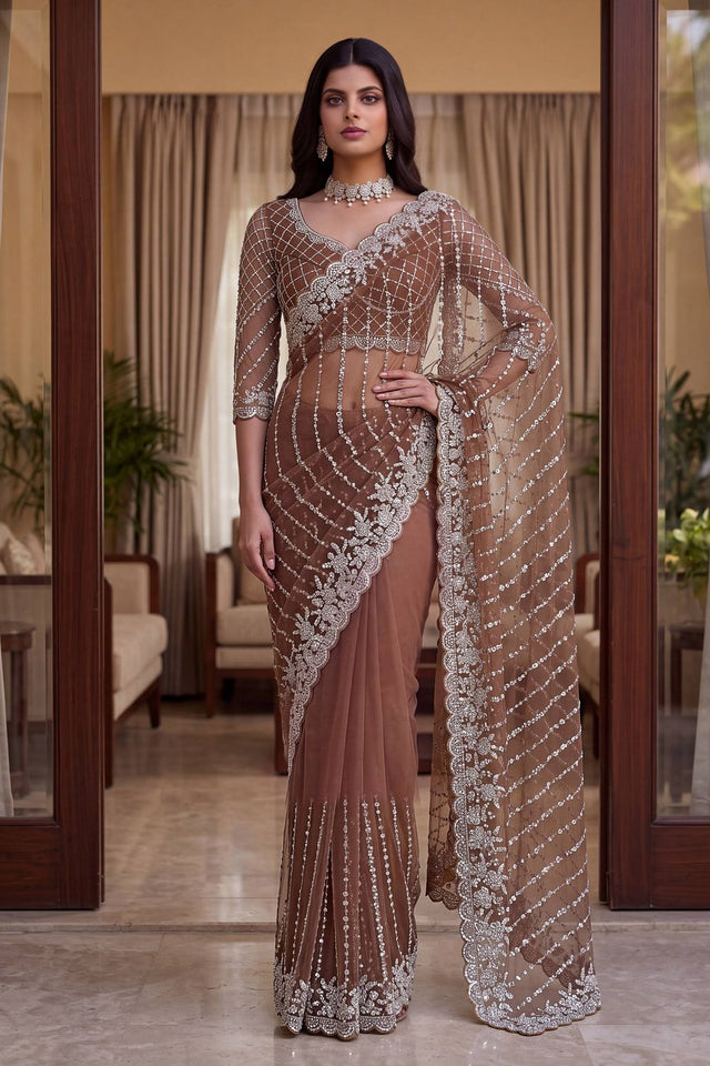 Brown Heavy Embroidered Net Saree (VD-ON5191-Brown)