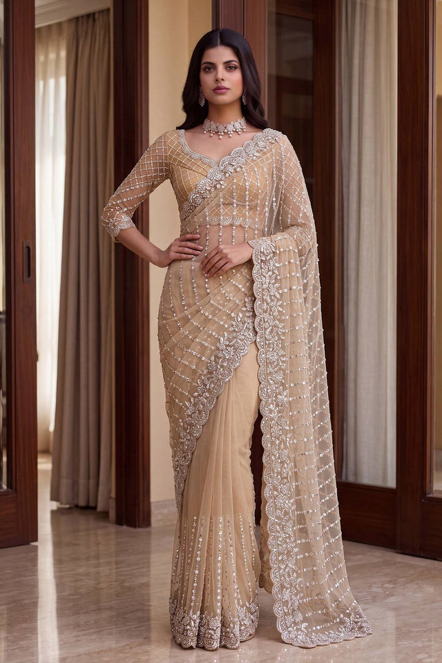 Cream Heavy Embroidered Net Saree (VD-ON5191-Cream)