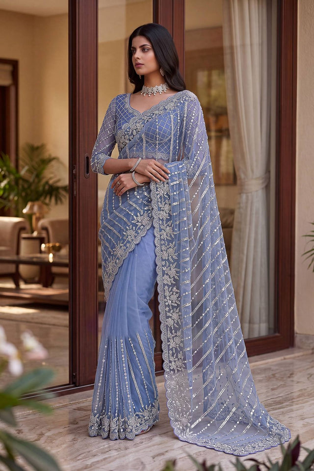 Blue Heavy Embroidered Net Saree (VD-ON5191-DustyBlue)