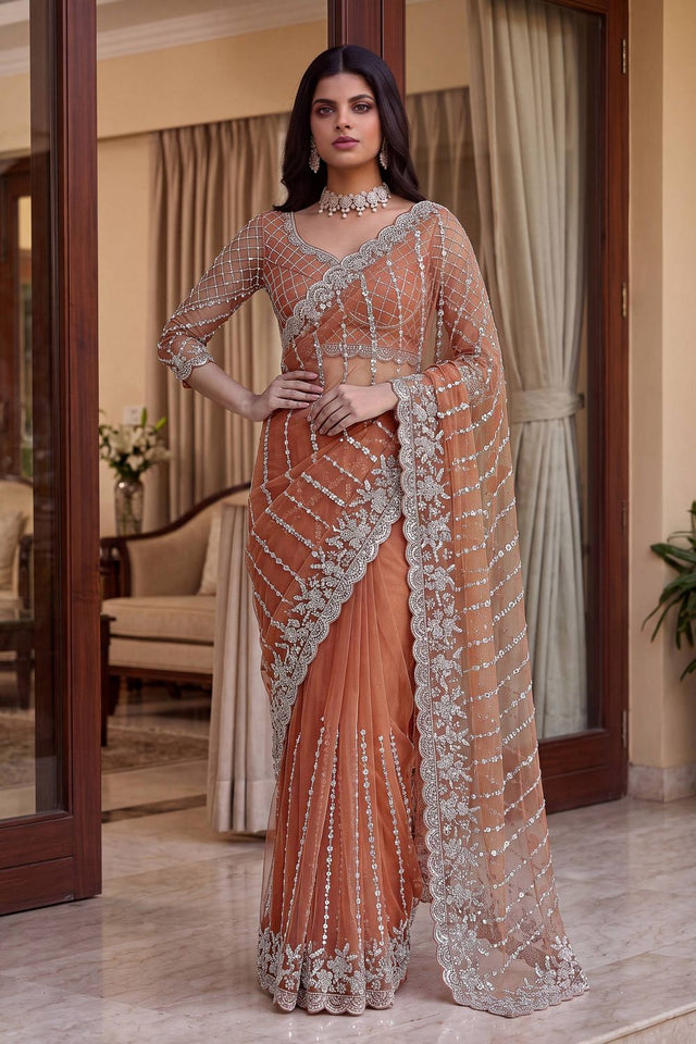 Peach Heavy Embroidered Net Saree (VD-ON5191-Peach)