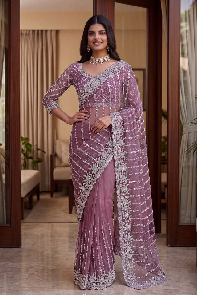 Pink Heavy Embroidered Net Saree (VD-ON5191-Pink)