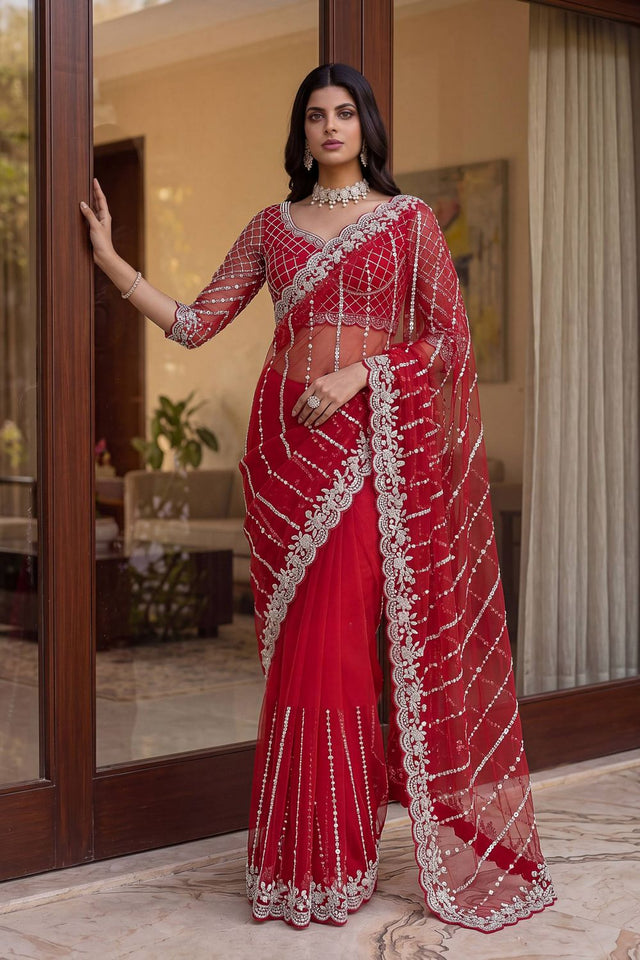 Red Heavy Embroidered Net Saree (VD-ON5191-Red)
