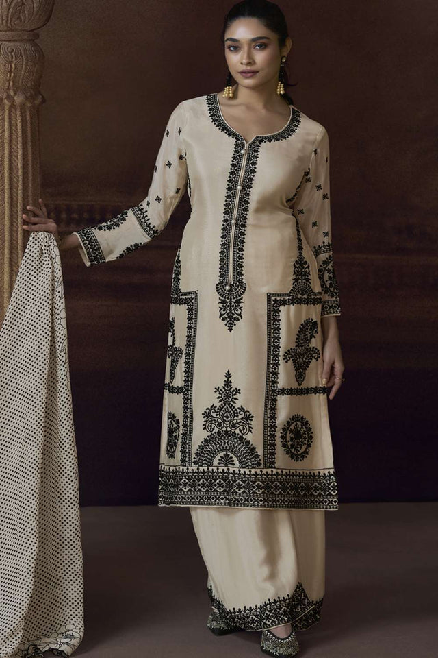 Off White Embroidered Art Silk Salwar Suit (VEGA ALEMZEB- 5780)