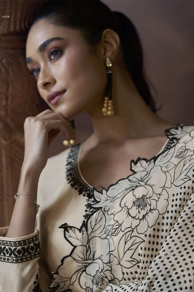 Off White Embroidered Art Silk Salwar Suit (VEGA ALEMZEB- 5780)