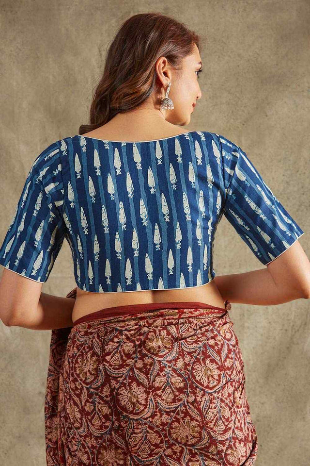 Blue Cotton Printed Short Sleeves Blouse