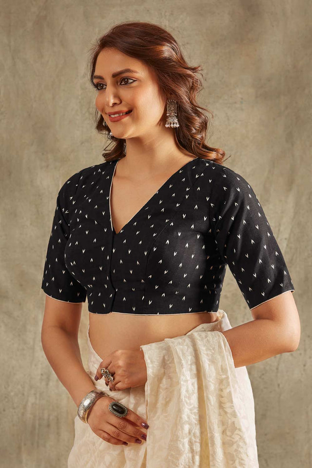 Black Cotton Printed Short Sleeves Blouse