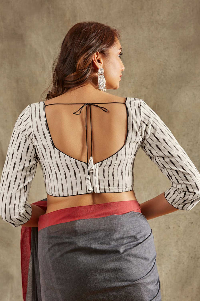 White Khadi Cotton Printed Short Sleeves Blouse