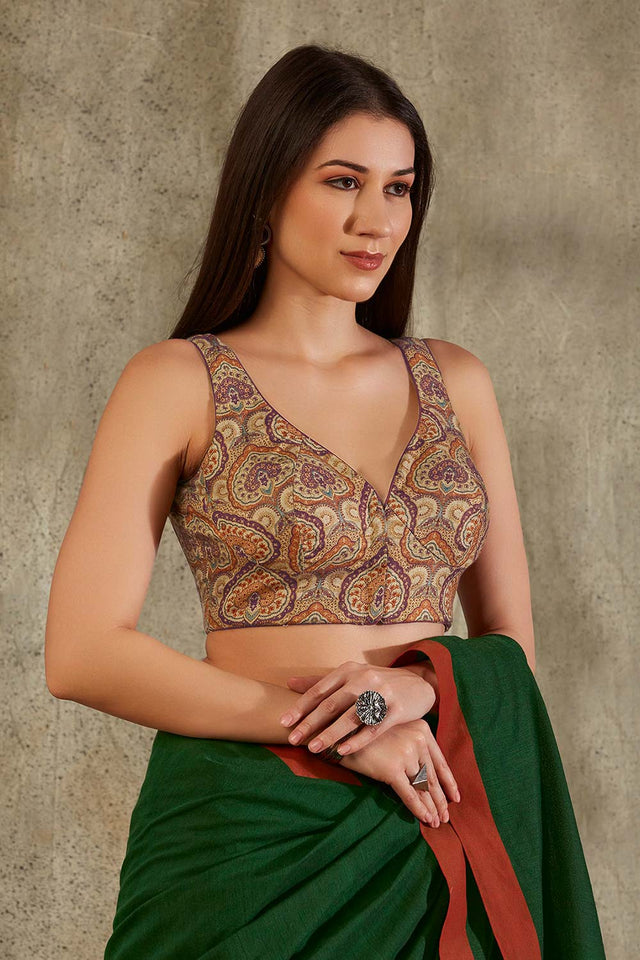 Beige Cotton Printed Sleeveless Blouse