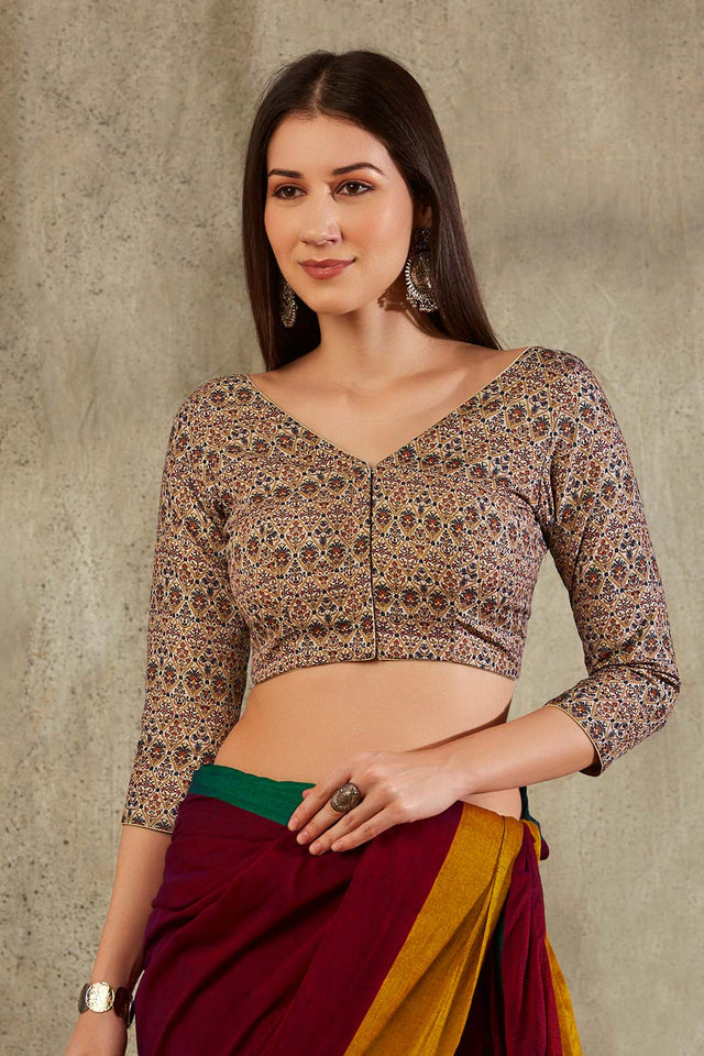 Beige Cotton Printed Three Quarter Sleeves Blouse