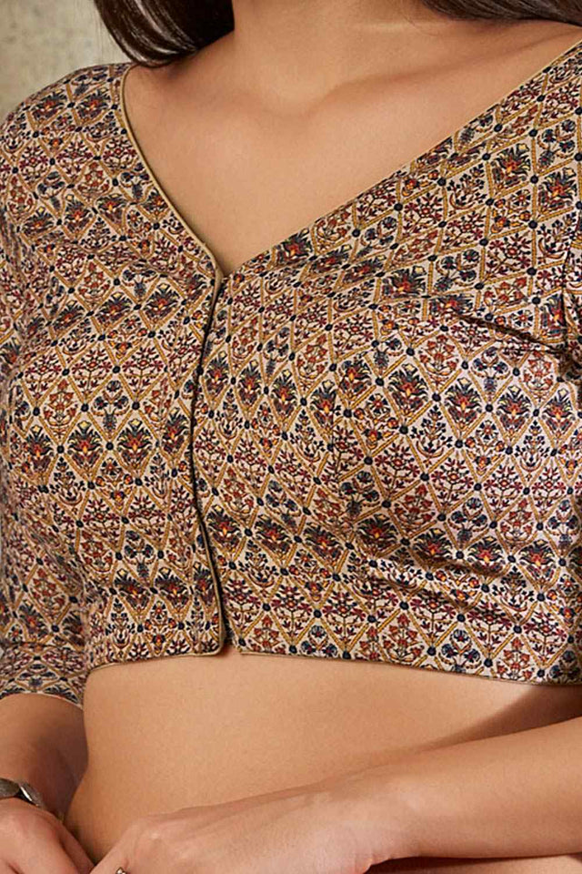 Beige Cotton Printed Three Quarter Sleeves Blouse