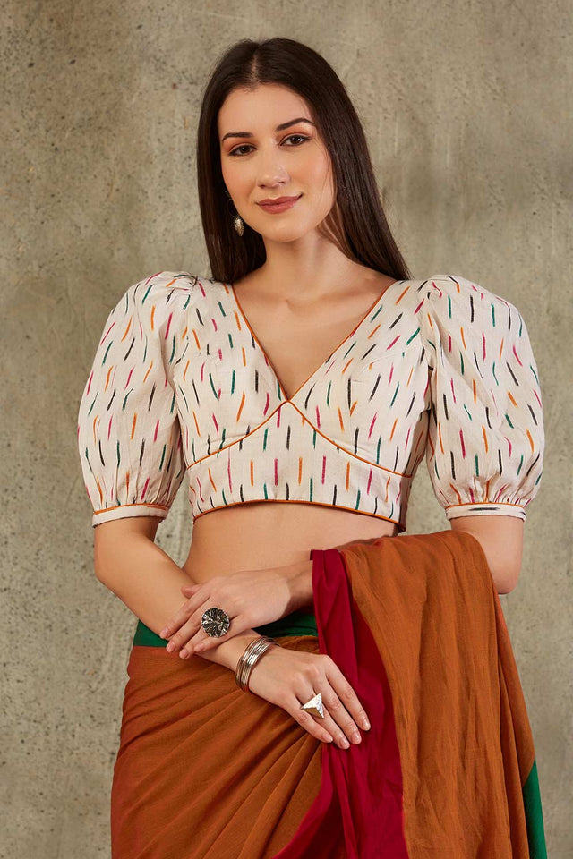 White Cotton Printed Elbow Length Blouse