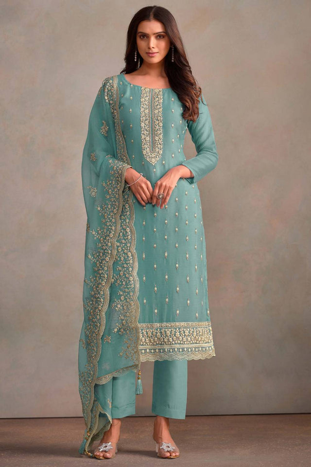 Light Blue Floral Embroidered Organza Kurti Pant Set