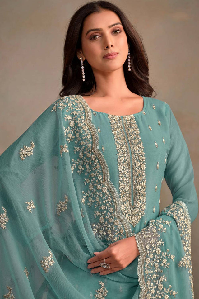 Light Blue Floral Embroidered Organza Kurti Pant Set