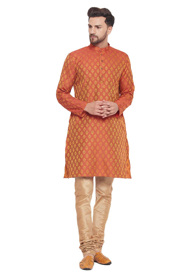 Men's Red And Rose Gold Silk Blend Ethnic Motif Woven Design Kurta Pajama Set (Size: 44)