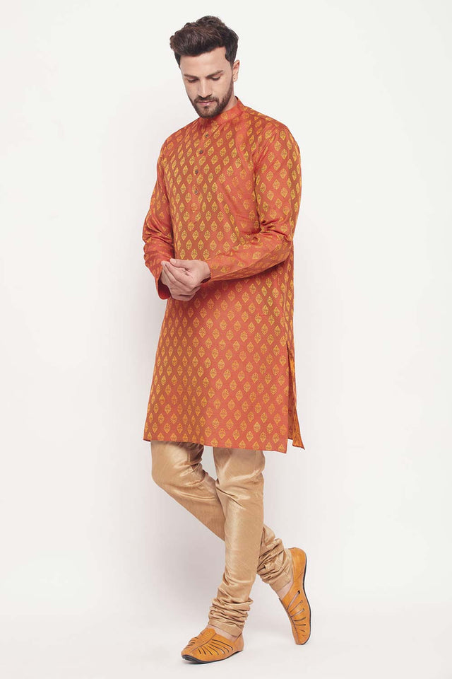 Men's Red And Rose Gold Silk Blend Ethnic Motif Woven Design Kurta Pajama Set (Size: 44)