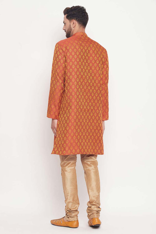 Men's Red And Rose Gold Silk Blend Ethnic Motif Woven Design Kurta Pajama Set (Size: 44)