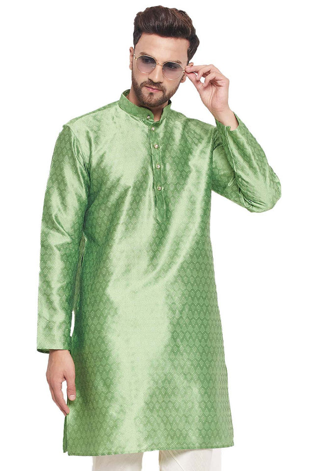 Men's Mint Green Silk Blend Ethnic Motif Woven Design Short Kurta (Size: 38)