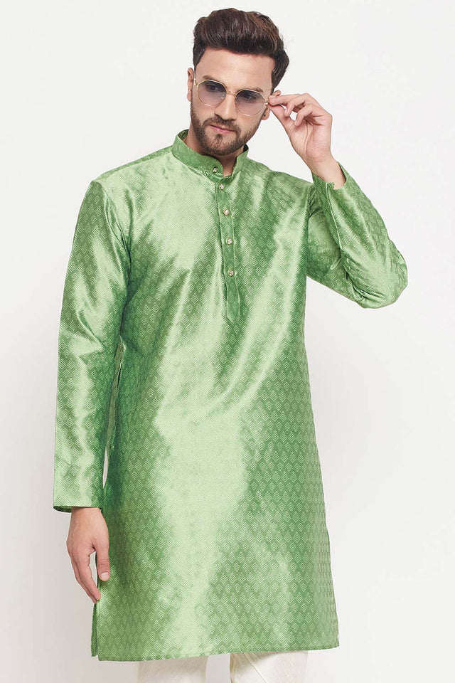Men's Mint Green Silk Blend Ethnic Motif Woven Design Short Kurta (Size: 38)