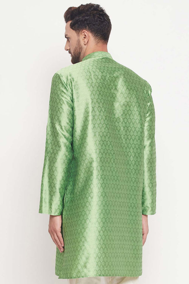 Men's Mint Green Silk Blend Ethnic Motif Woven Design Short Kurta (Size: 38)