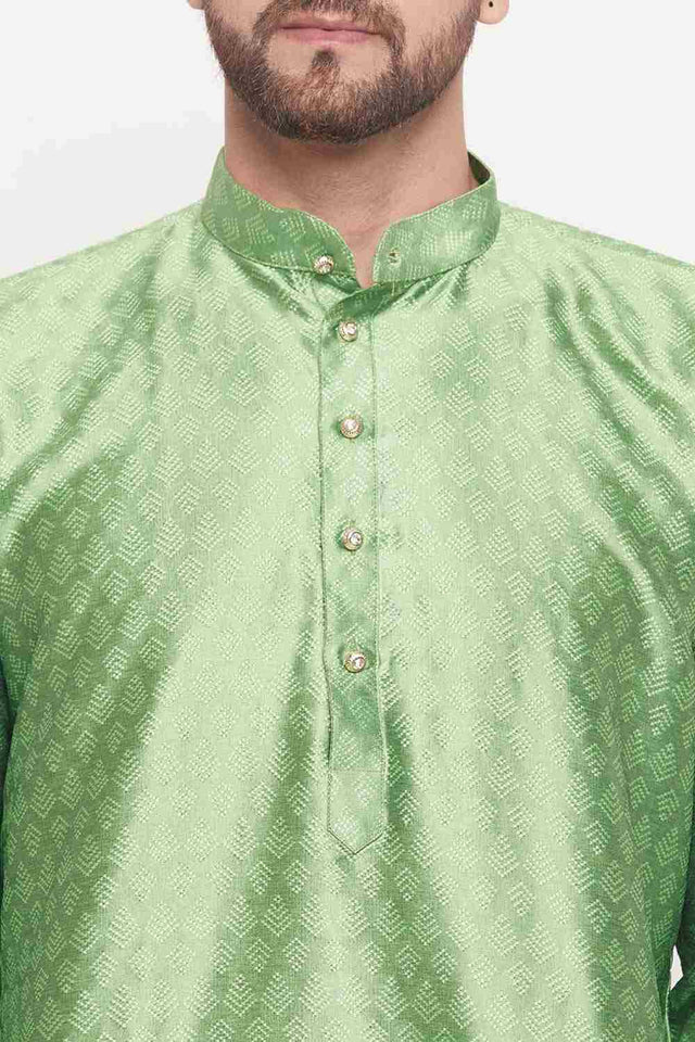 Men's Mint Green Silk Blend Ethnic Motif Woven Design Short Kurta (Size: 38)