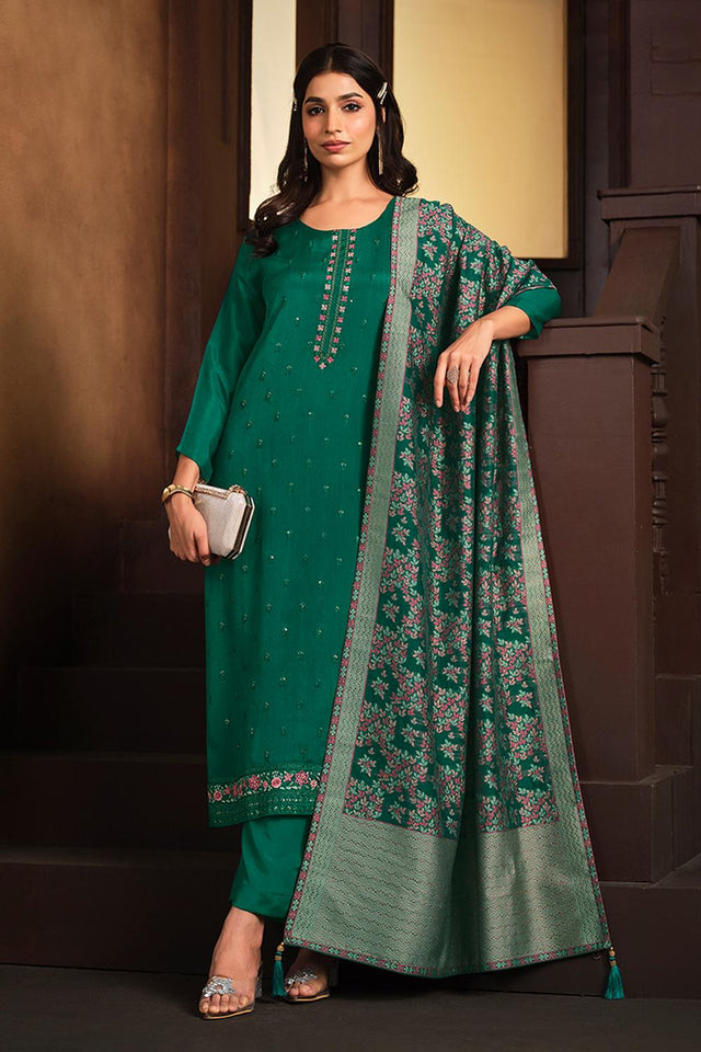 Green Floral Embroidered Silk Kurti Pant Set