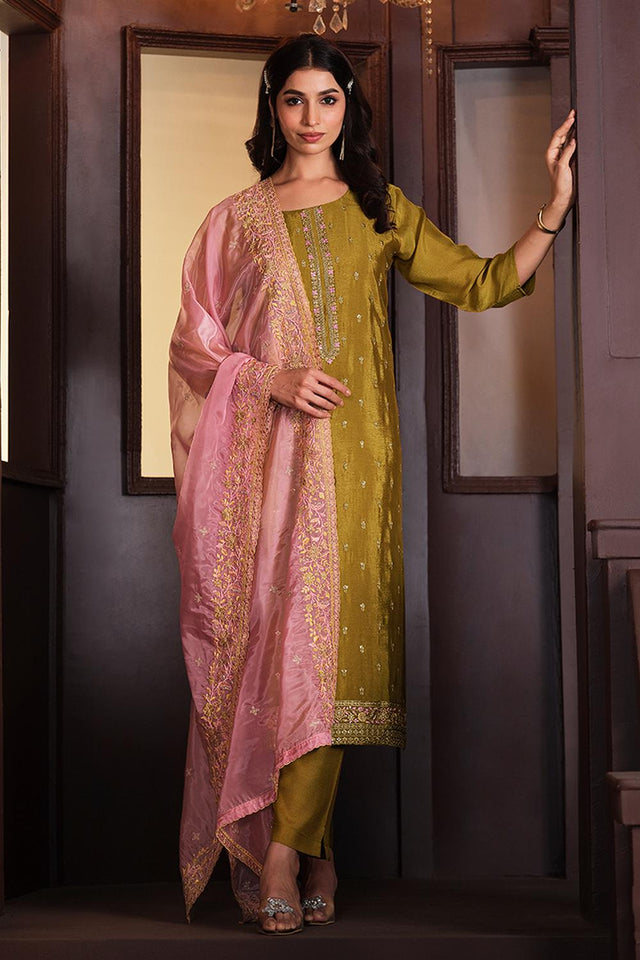 Mustard Floral Embroidered Silk Kurti Pant Set