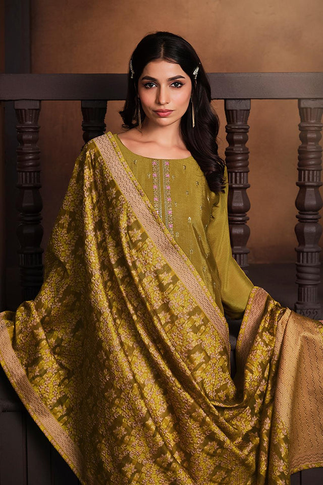 Mustard Floral Embroidered Silk Kurti Pant Set