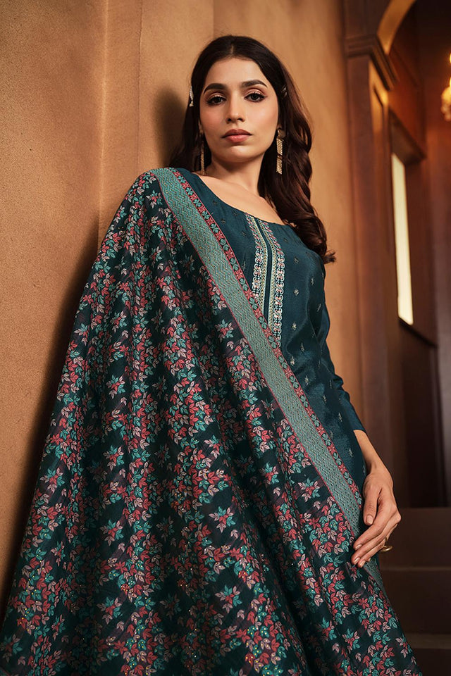 Blue Floral Embroidered Silk Kurti Pant Set