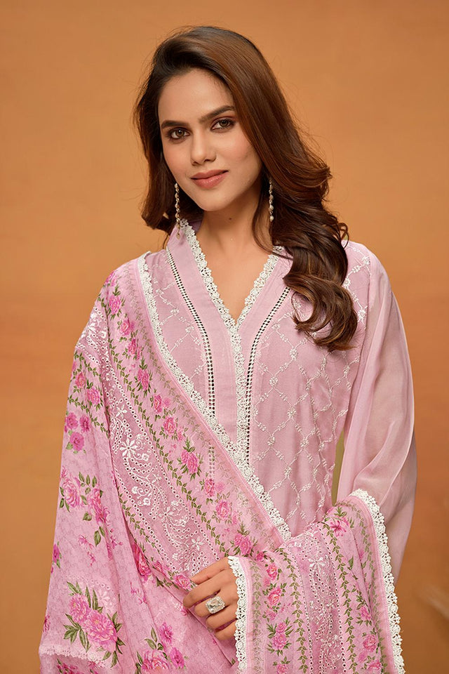 Pink Floral Embroidered Viscose Kurti Pant Set