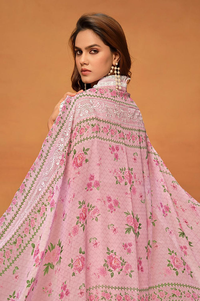 Pink Floral Embroidered Viscose Kurti Pant Set