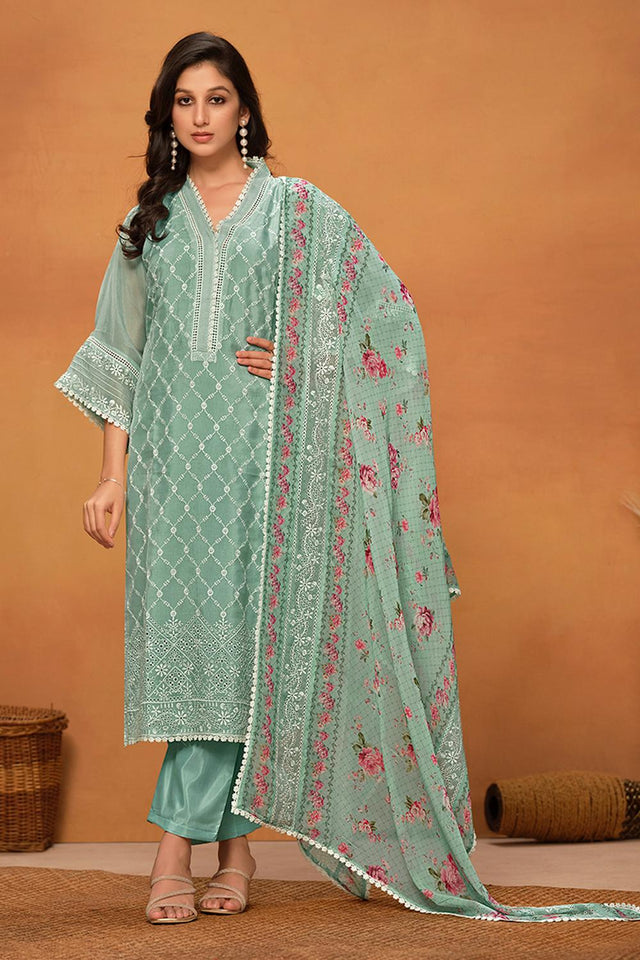 Sea Green Floral Embroidered Viscose Kurti Pant Set