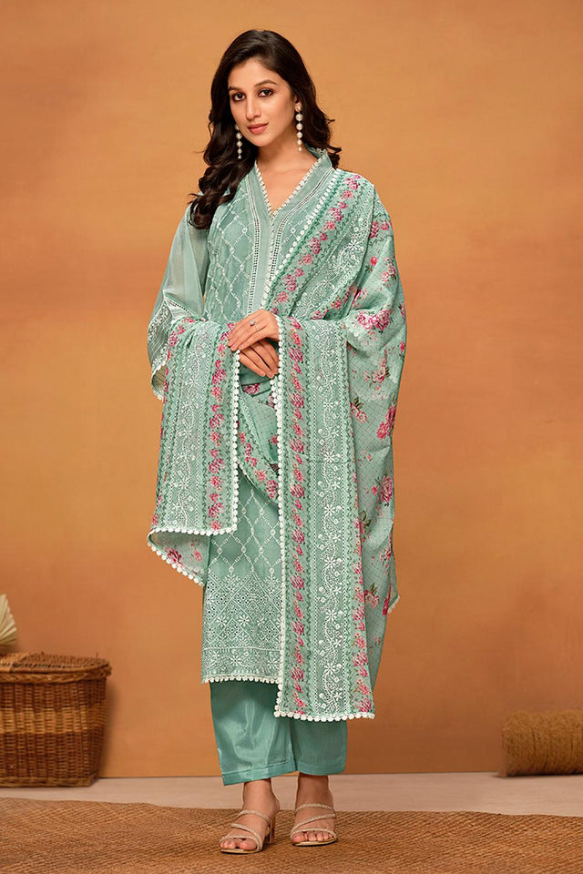 Sea Green Floral Embroidered Viscose Kurti Pant Set