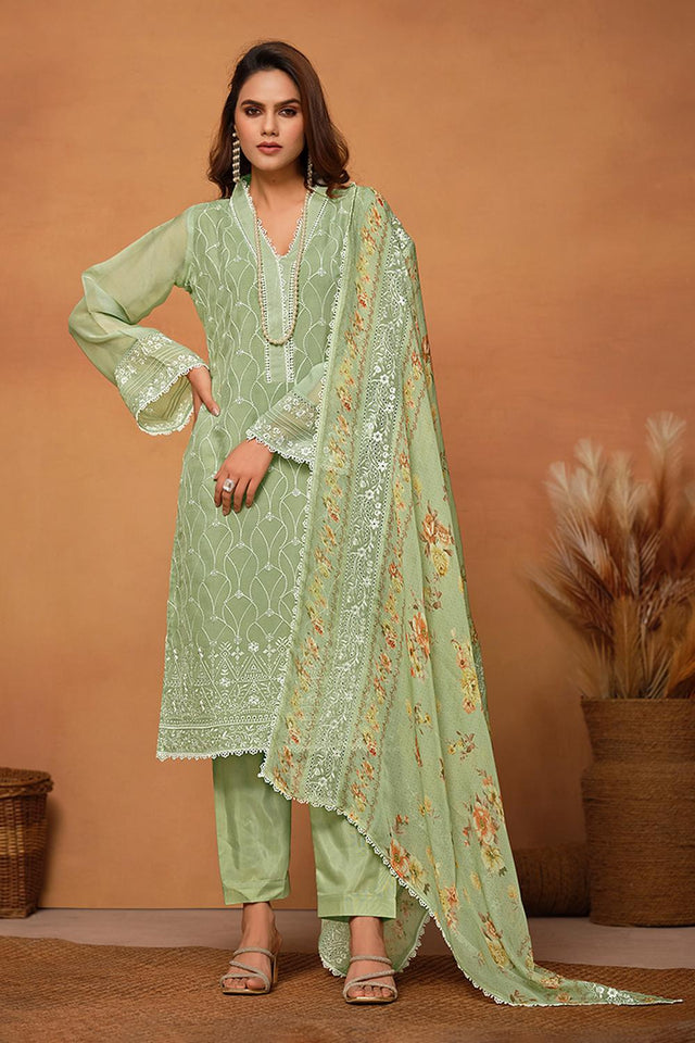 Sea Green Floral Embroidered Viscose Kurti Pant Set