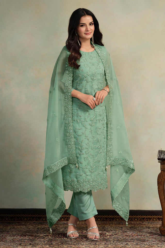 Green Floral Embroidered Organza Kurti Pant Set