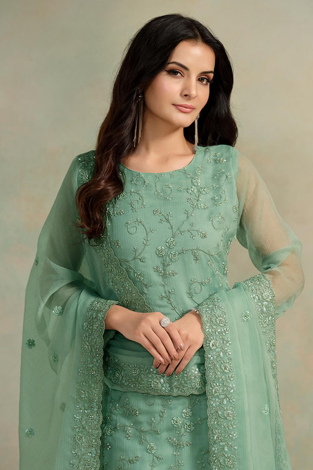 Green Floral Embroidered Organza Kurti Pant Set