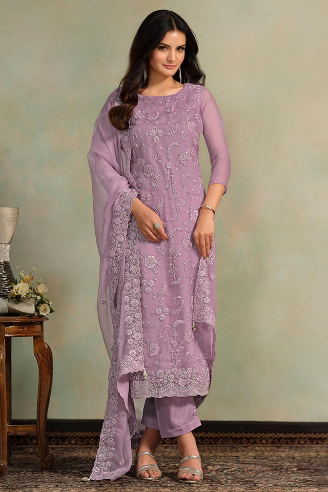 Lavender Floral Embroidered Organza Kurti Pant Set