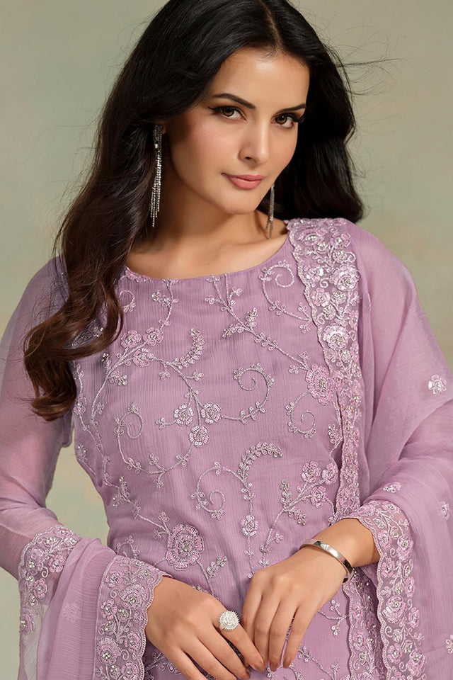 Lavender Floral Embroidered Organza Kurti Pant Set
