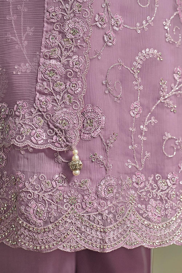 Lavender Floral Embroidered Organza Kurti Pant Set