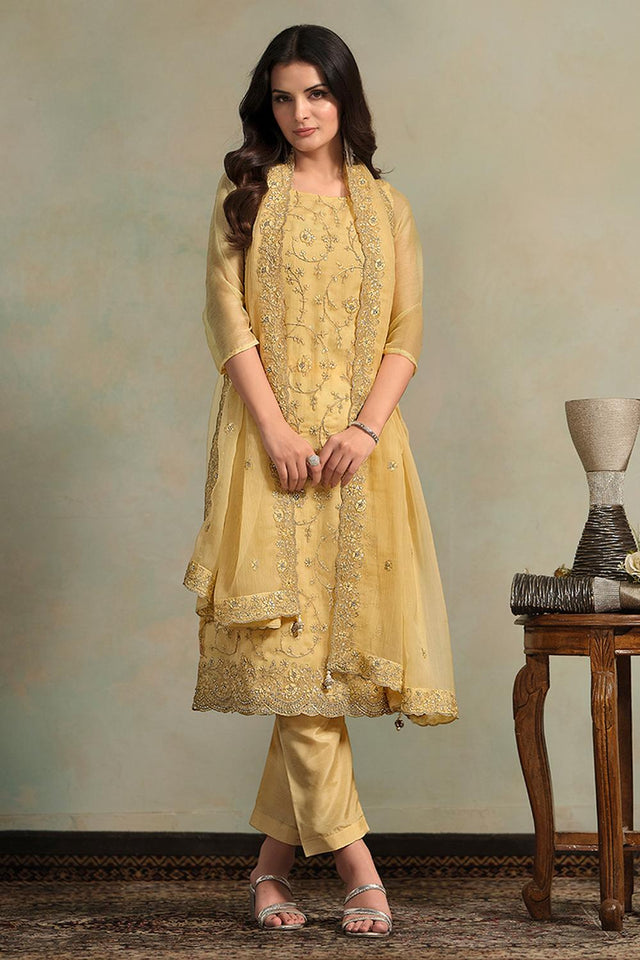 Yellow Floral Embroidered Organza Kurti Pant Set