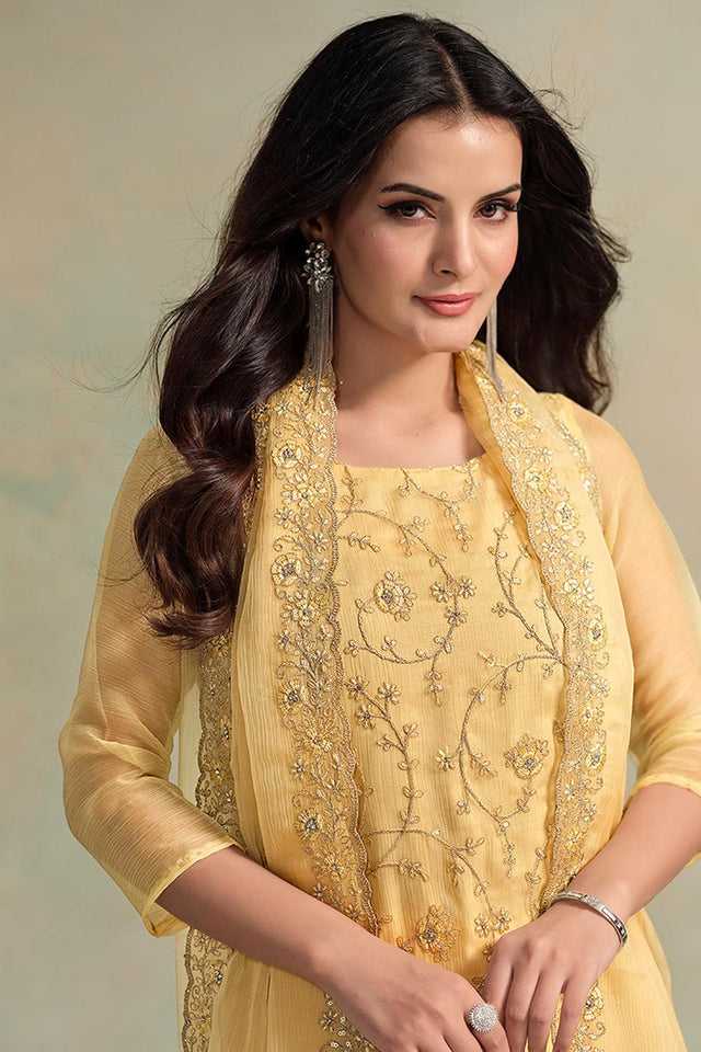 Yellow Floral Embroidered Organza Kurti Pant Set