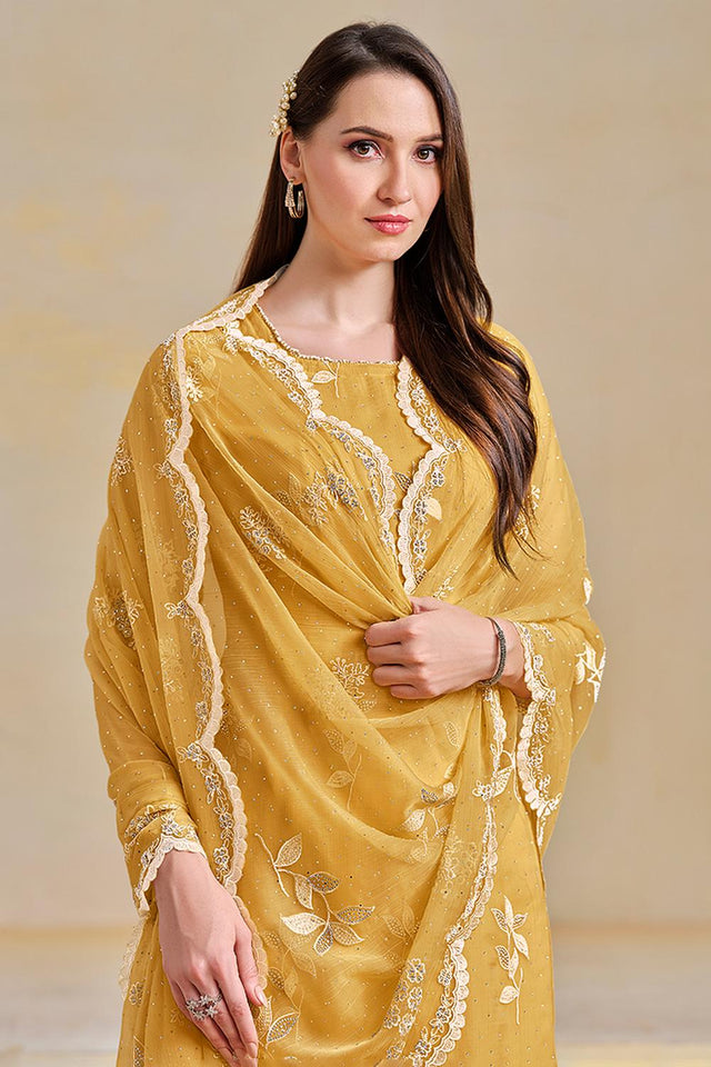 Yellow Floral Embroidered Organza Kurti Pant Set