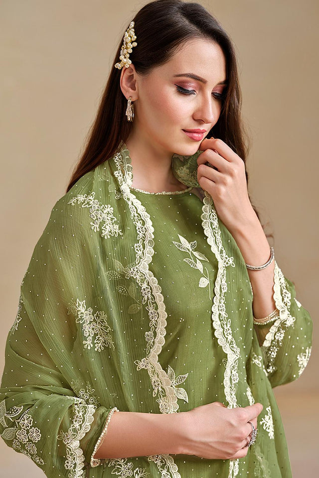 Green Floral Embroidered Organza Kurti Pant Set