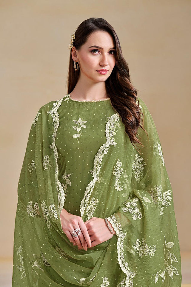 Green Floral Embroidered Organza Kurti Pant Set