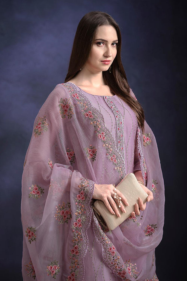 Purple Floral Embroidered Organza Kurti Pant Set