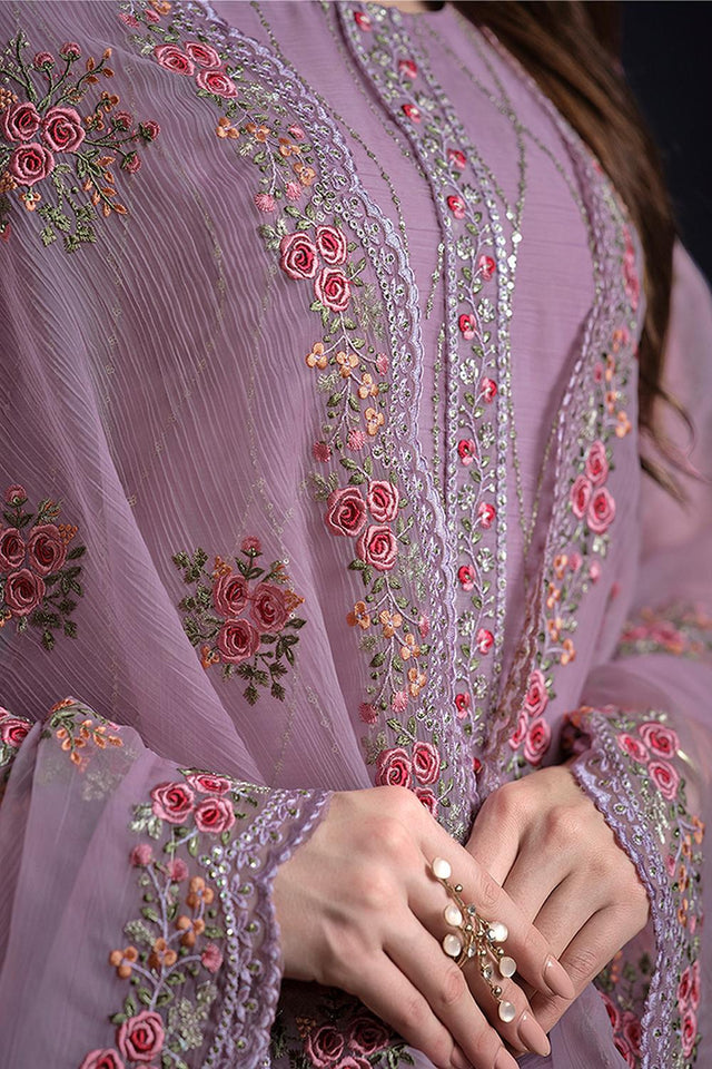 Purple Floral Embroidered Organza Kurti Pant Set